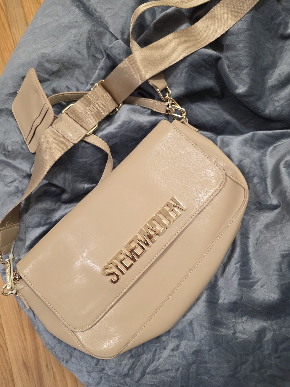 Steve Madden Taupe-Beige Crossbody with Gold Logo